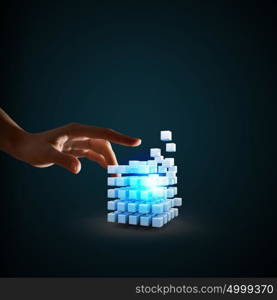 Human Resources concept. Person hand touching with finger magic glowing cube