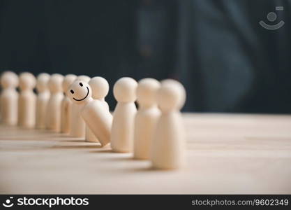 Human resources officer looks for a leader and CEO concept. HR manager’s hand chooses an employee. Leader stands out from crowd. HR, HRM, HRD concepts. Leveraging talent, leadership, and team success.