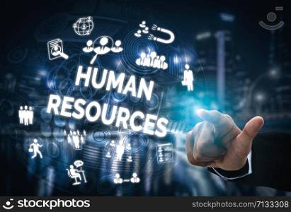 Human Resources Recruitment and People Networking Concept. Modern graphic interface showing professional employee hiring and headhunter seeking interview candidate for future manpower.