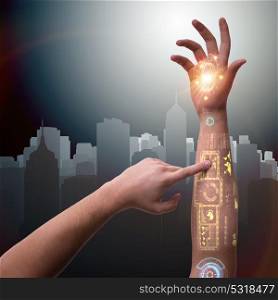 Human robotic hand in futuristic concept