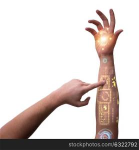 Human robotic hand in futuristic concept