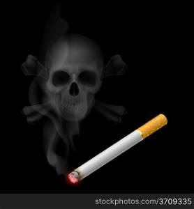 Human scull appears in Cigarette Smoke on black