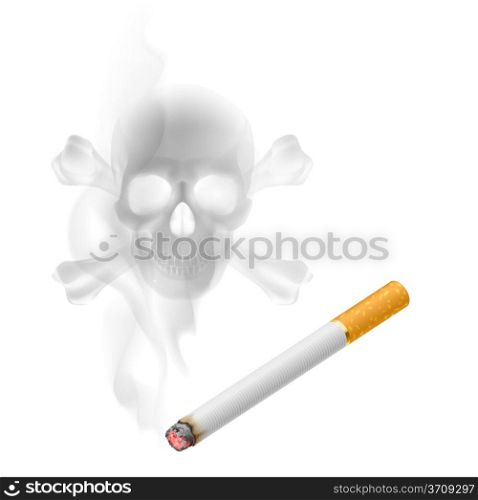 Human scull appears in Cigarette Smoke on white