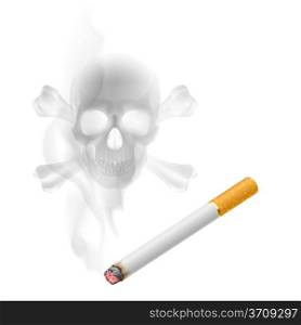 Human scull appears in Cigarette Smoke on white