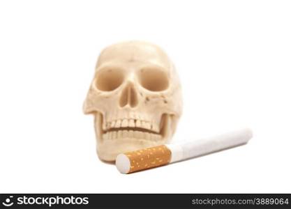 Human scull with cigarette isolated on white