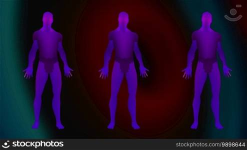Human silhouette with multicolor neon radiation. Computer generated backdrop for computer game. The muscular body of a hero, 3d rendering. Human silhouette with multicolor neon radiation, computer generated. Background for computer game. The muscular body of a hero, 3d rendering