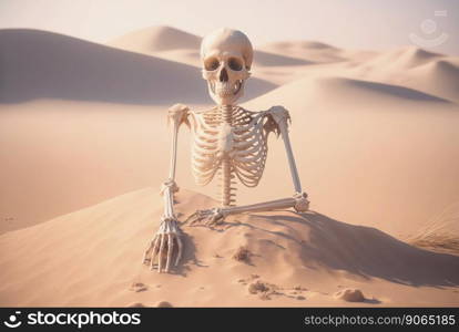 Human skeleton in desert sand. Dangerous wild landscape. Generative AI.. Human skeleton in desert sand. Dangerous wild landscape. Generative AI