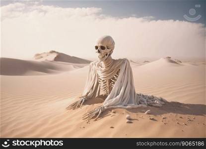 Human skeleton in desert sand. Dangerous wild landscape. Generative AI.. Human skeleton in desert sand. Dangerous wild landscape. Generative AI