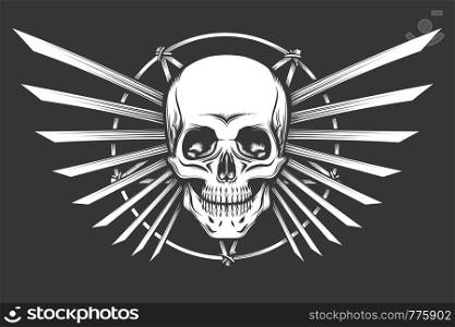 Human Skull against pentagram and blade wings. Vector Illustration.