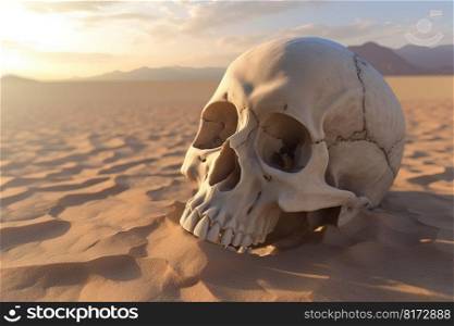 Human skull in desert. Dead head. Generate Ai. Human skull in desert. Generate Ai