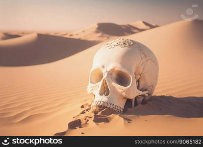 Human skull in desert sand. Dangerous wild landscape. Generative AI.. Human skull in desert sand. Dangerous wild landscape. Generative AI