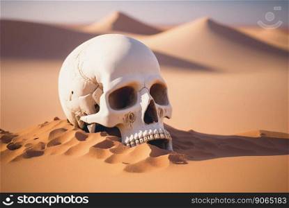 Human skull in desert sand. Dangerous wild landscape. Generative AI.. Human skull in desert sand. Dangerous wild landscape. Generative AI