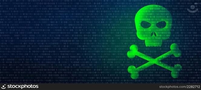 Human skull in digital background. Cyber crime and internet privacy hacking. Network security, Cyber attack, Computer Virus, and Ransomware Concept. 2D illustration.