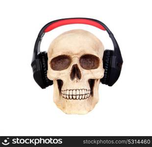 Human skull in headphones isolated on a white background.