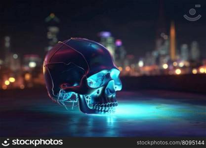 Human skull neon light. Human skeleton bone. Generate Ai. Human skull neon light. Generate Ai