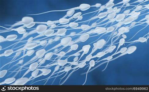 Human sperm flow. 3D illustration of sperm going for the egg