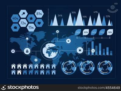 Human user display. Futuristic user interface with business infographs and icons