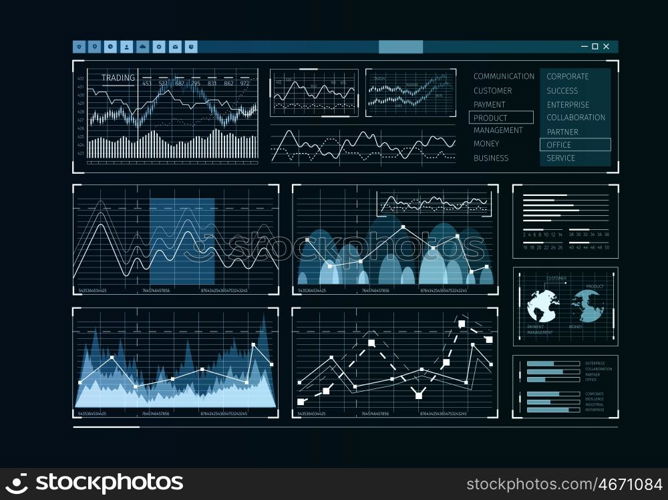 Human user display. Futuristic user interface with business infographs and icons