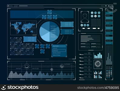 Human user display. Futuristic user interface with business infographs and icons