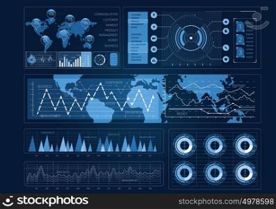 Human user display. Futuristic user interface with business infographs and icons