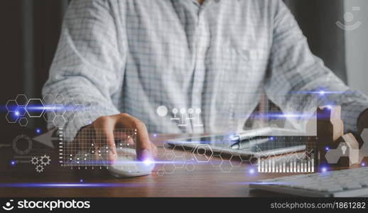 Human using computer technology for digital marketing of statistics level up of graph. business management goal strategy and action plan. Global customer network connection on virtual interface.