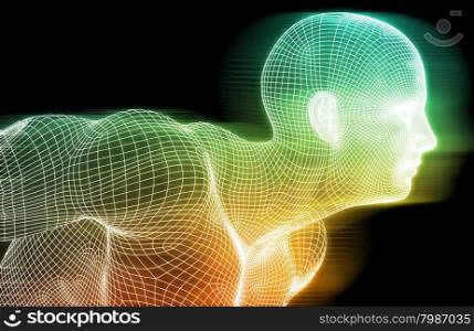 Human Wireframe and Digital Consciousness System Concept. Technology Tunnel