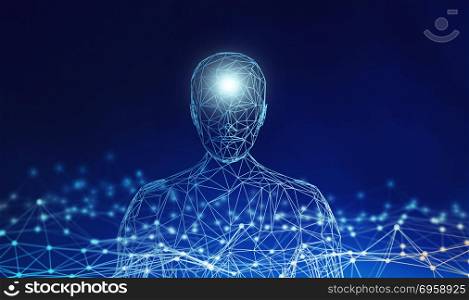 Human. Wireframe model with connection lines on blue background,. Human. Wireframe model with connection lines on blue background, artificial intelligence in futuristic technology concept, 3d illustration. Human. Wireframe model with connection lines on blue background, artificial intelligence in futuristic technology concept, 3d illustration