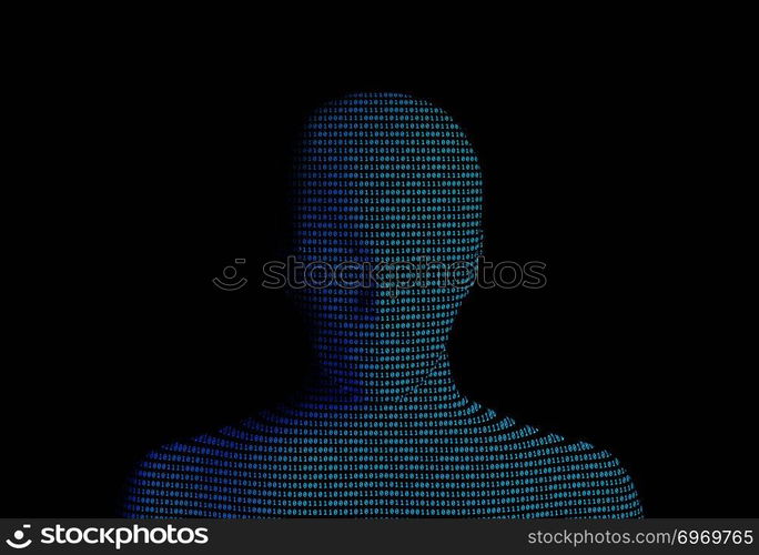human with binary data code number on black background. Artificial intelligence high-tech in digital computer technology concept. 3d illustration.