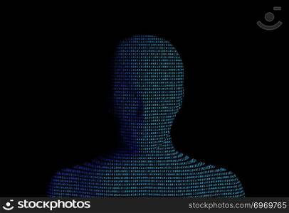 human with binary data code number on black background. Artificial intelligence high-tech in digital computer technology concept. 3d illustration.