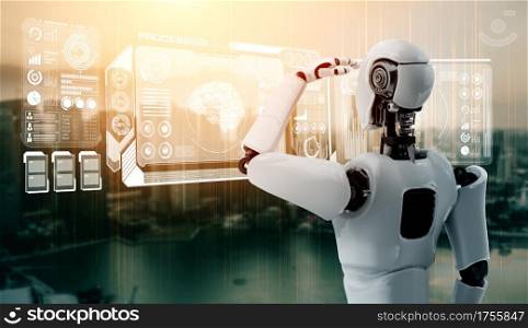 Humanoid AI robot looking at hologram screen showing concept of big data analytic using artificial intelligence by machine learning process. 3D illustration.. Humanoid AI robot looking at hologram screen showing concept of big data