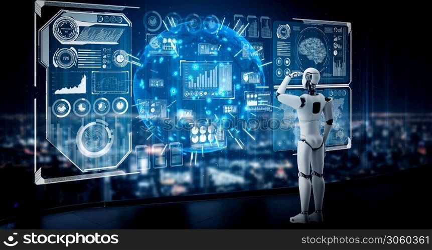 Humanoid AI robot looking at hologram screen showing concept of big data analytic using artificial intelligence by machine learning process. 3D illustration.