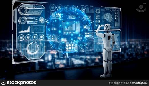 Humanoid AI robot looking at hologram screen showing concept of big data analytic using artificial intelligence by machine learning process. 3D illustration.