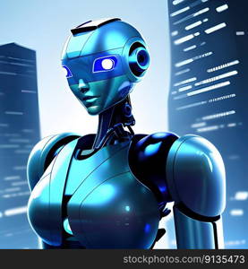 Humanoid robot in futuristic city - generative ai