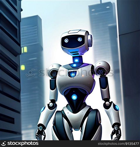 Humanoid robot in futuristic city - generative ai