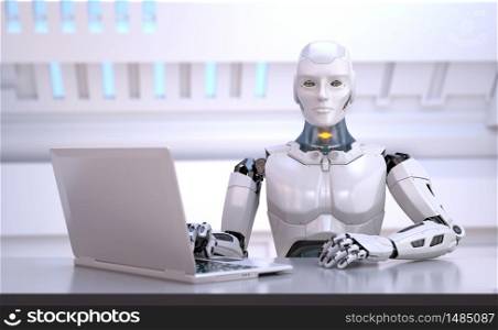 Humanoid robot sitting behind table. Head hunter. Office manager. 3D illustration. Humanoid robot sitting behind table