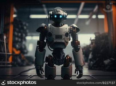 Humanoid robotic character standing at a factory illustration. Ai genrative.