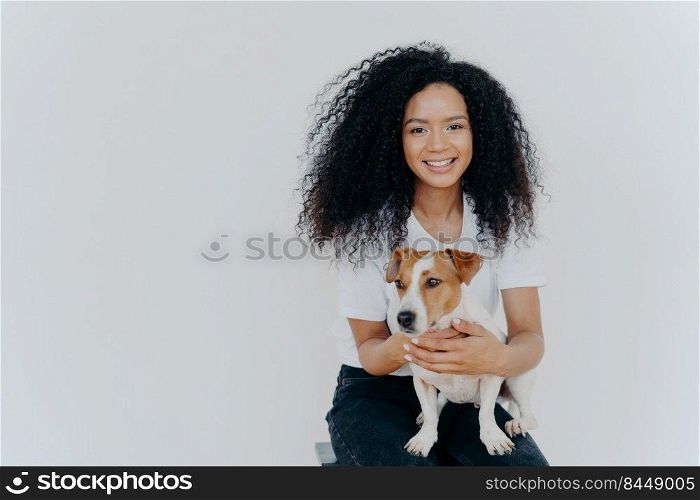 Humans and animals concept. Cheerful good looking woman with crisp hair, smiles pleasantly, plays with pedigree dog, sits on comfortable chair, makes memorable shot, pose against white background