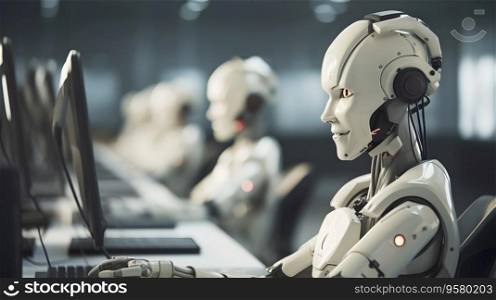 Humans and robots (AI) work on computers together in the futuristic business office. The future trend of cooperation of robotic and colleagues people. Generative AI