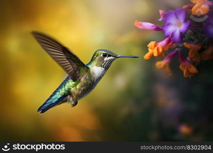 Humming bird hovering over colorful flowers. Generative AI.