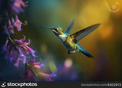 Humming bird hovering over colorful flowers. Generative AI.