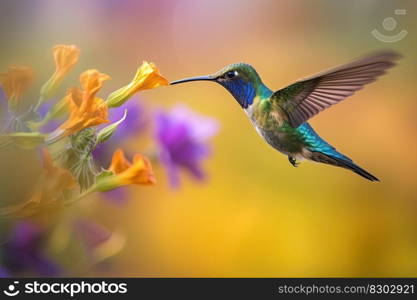 Humming bird hovering over colorful flowers. Generative AI.