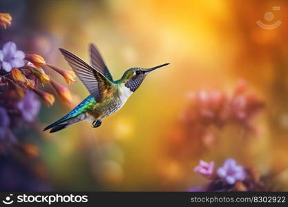 Humming bird hovering over colorful flowers. Generative AI.