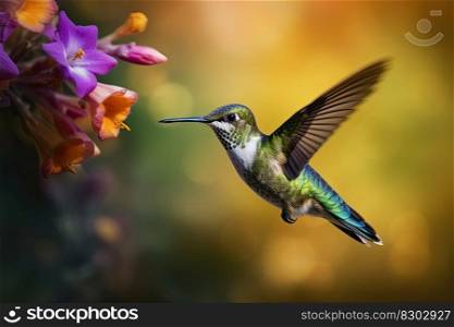 Humming bird hovering over colorful flowers. Generative AI.