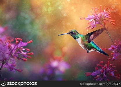 Humming bird hovering over colorful flowers. Generative AI.