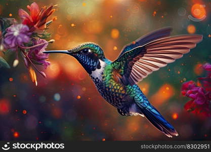 Humming bird hovering over colorful flowers. Generative AI.