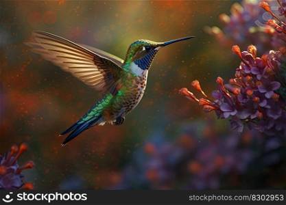 Humming bird hovering over colorful flowers. Generative AI.