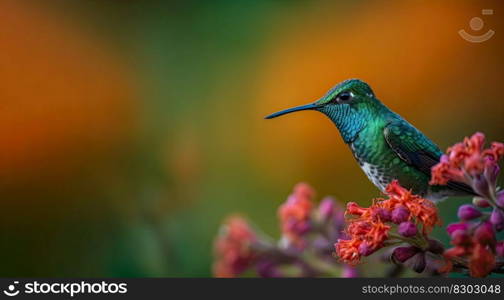 Humming bird hovering over colorful flowers. Generative AI.