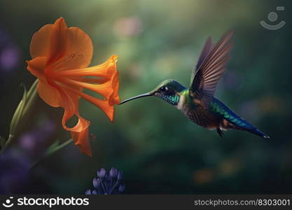 Humming bird hovering over colorful, pollen filled flowers. Generative AI