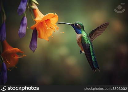 Humming bird hovering over colorful, pollen filled flowers. Generative AI