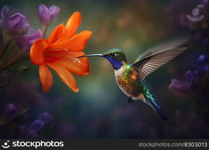 Humming bird hovering over colorful, pollen filled flowers. Generative AI